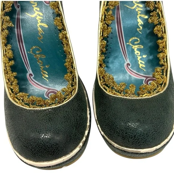 Irregular Choice Green Leather Gold Ricrac Slip On Platform Pumps Heels Women 38 - Picture 5 of 14